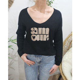 Pull femme col V amour pailleté-Noir