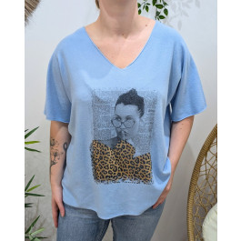 Pull fin femme oversize manches courtes femme léopard doré-Bleu ciel