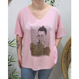 Pull fin femme oversize manches courtes femme léopard doré-Rose