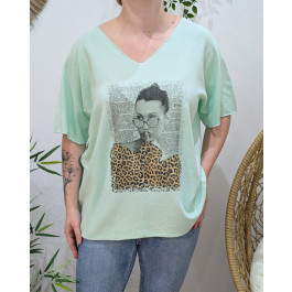 Pull fin femme oversize manches courtes femme léopard doré-Vert d'eau