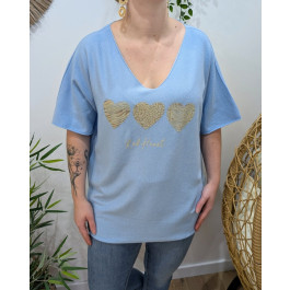 Pull fin femme oversize manches courtes Red heart-Bleu ciel
