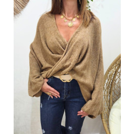 Pull femme asymétrique noué Belladone-Camel