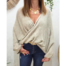 Pull femme asymétrique noué Belladone-Taupe