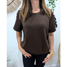 Pull fin femme sportswear manches léopard-Marron
