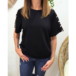 Pull fin femme sportswear manches léopard-Noir