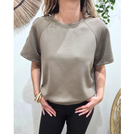 Pull fin femme sportswear manches léopard-Taupe
