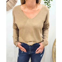 Pull fin femme uni col V Bérénice-Camel