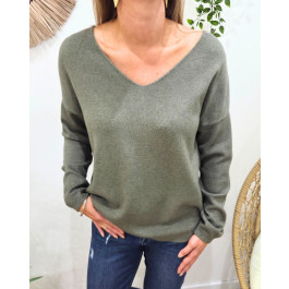 Pull fin femme uni col V Bérénice-Kaki