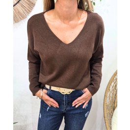 Pull fin femme uni col V Bérénice-Marron