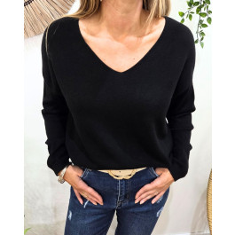 Pull fin femme uni col V Bérénice-Noir