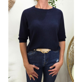 Pull court femme uni col rond Clématite-Bleu marine