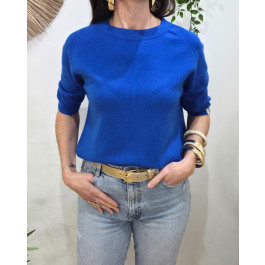 Pull court femme uni col rond Clématite-Bleu roi