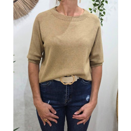 Pull court femme uni col rond Clématite-Camel
