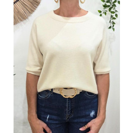 Pull court femme uni col rond Clématite-Ecru