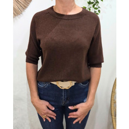 Pull court femme uni col rond Clématite-Marron