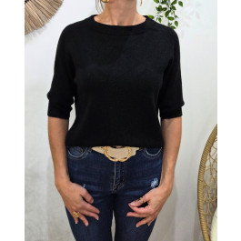 Pull court femme uni col rond Clématite-Noir
