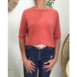 Pull court femme uni col rond Clématite-Rose