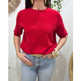 Pull court femme uni col rond Clématite-Rouge