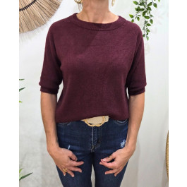 Pull court femme uni col rond Clématite-Rouge bordeaux