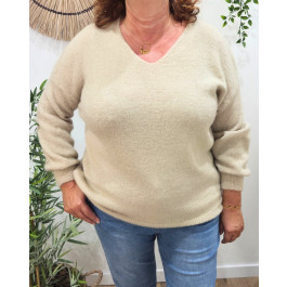 Pull femme uni col V Daphnéa-Beige