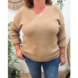Pull femme uni col V Daphnéa-Camel