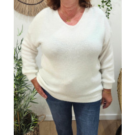 Pull femme uni col V Daphnéa-Ecru