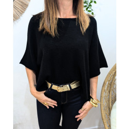 Pull court femme uni col rond manches chauve souris Andélya-Noir