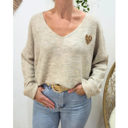 Pull femme uni coeur léopard brodé-Beige