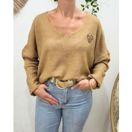 Pull femme uni coeur léopard brodé-Camel