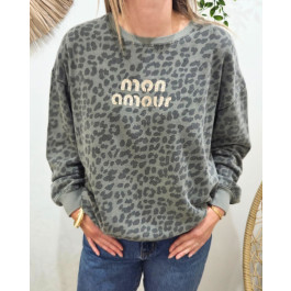 Pull sweat femme léopard Mon amour-Kaki