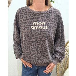 Pull sweat femme léopard Mon amour-Marron