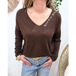 Pull femme col V Rock'nRoll pailleté-Marron
