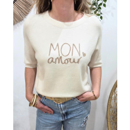 Pull court femme uni col rond Mon amour paillettes-Ecru
