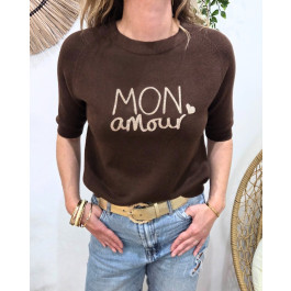Pull court femme uni col rond Mon amour paillettes-Marron