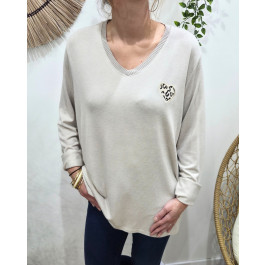 Pull femme oversize coeur léopard-Beige