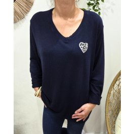 Pull femme oversize coeur léopard-Bleu marine