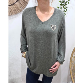 Pull femme oversize coeur léopard-Kaki