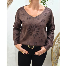 Pull femme col V pailleté Rina-Marron