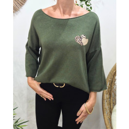 Pull femme oversize double coeur léopard paillettes-Kaki