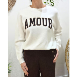 Pull femme AMOUR velours et paillettes-Ecru