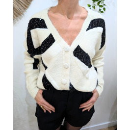 Pull femme bandes moumoutes écrues et sequins noirs Olympe-Beige