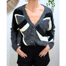 Pull femme bandes moumoutes écrues et sequins noirs Olympe-Gris