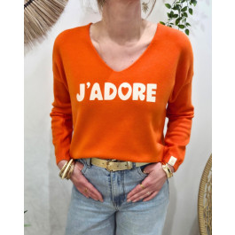 Pull femme col V j'adore pailleté-Orange