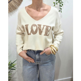 Pull femme col V LOVE paillettes-Ecru