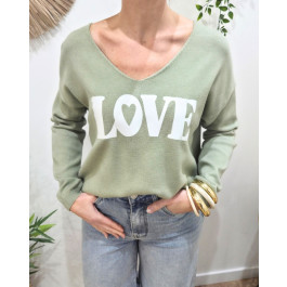 Pull femme col V LOVE paillettes-Kaki clair