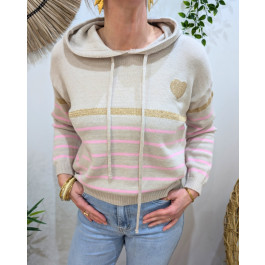 Pull femme marinière beige à capuche coeur doré-Rose