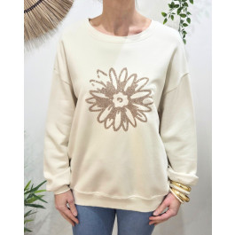Pull sweat femme fleur paillettes-Ecru