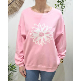 Pull sweat femme fleur paillettes-Rose baby