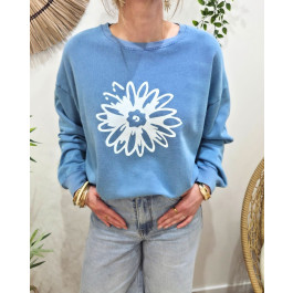 Pull sweat femme fleur paillettes-Bleu
