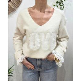 Pull femme col V Love et boutons dentelle-Beige